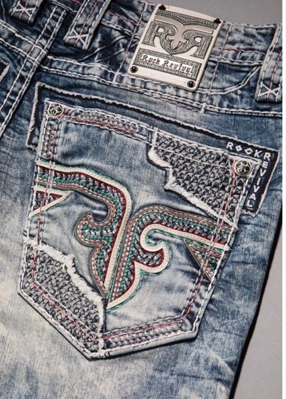Rock Revival Golden Palm Straight Jeans Mens 36x28 Distressed Acid Wash